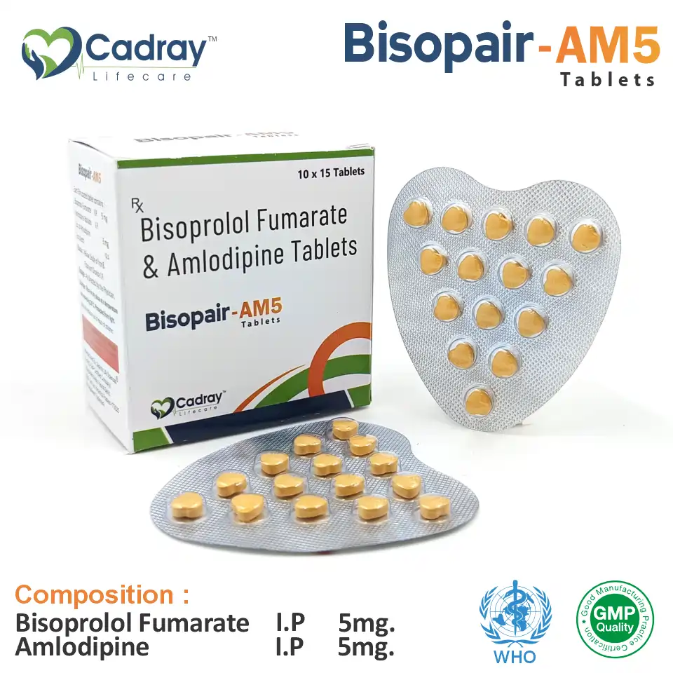 Bisopair A5 Tablet, a combination of Bisoprolol 5mg & Amlodipine 5mg, supports hypertension & cardiac care. WHO GMP certified, available at the best price for PCD pharma franchise & third-party manufacturing.